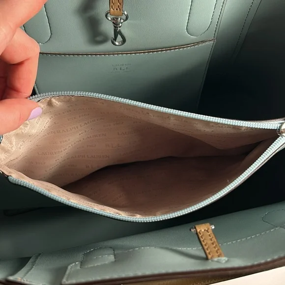 Lauren Ralph Lauren Dryden Marcy Tote Bag Colorblock Blue Tan - Picture 10 of 11